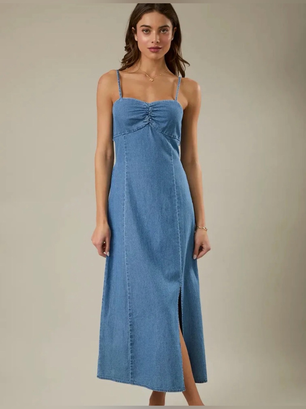 218 Denim Maxi Slip Dress with Spaghetti Straps
